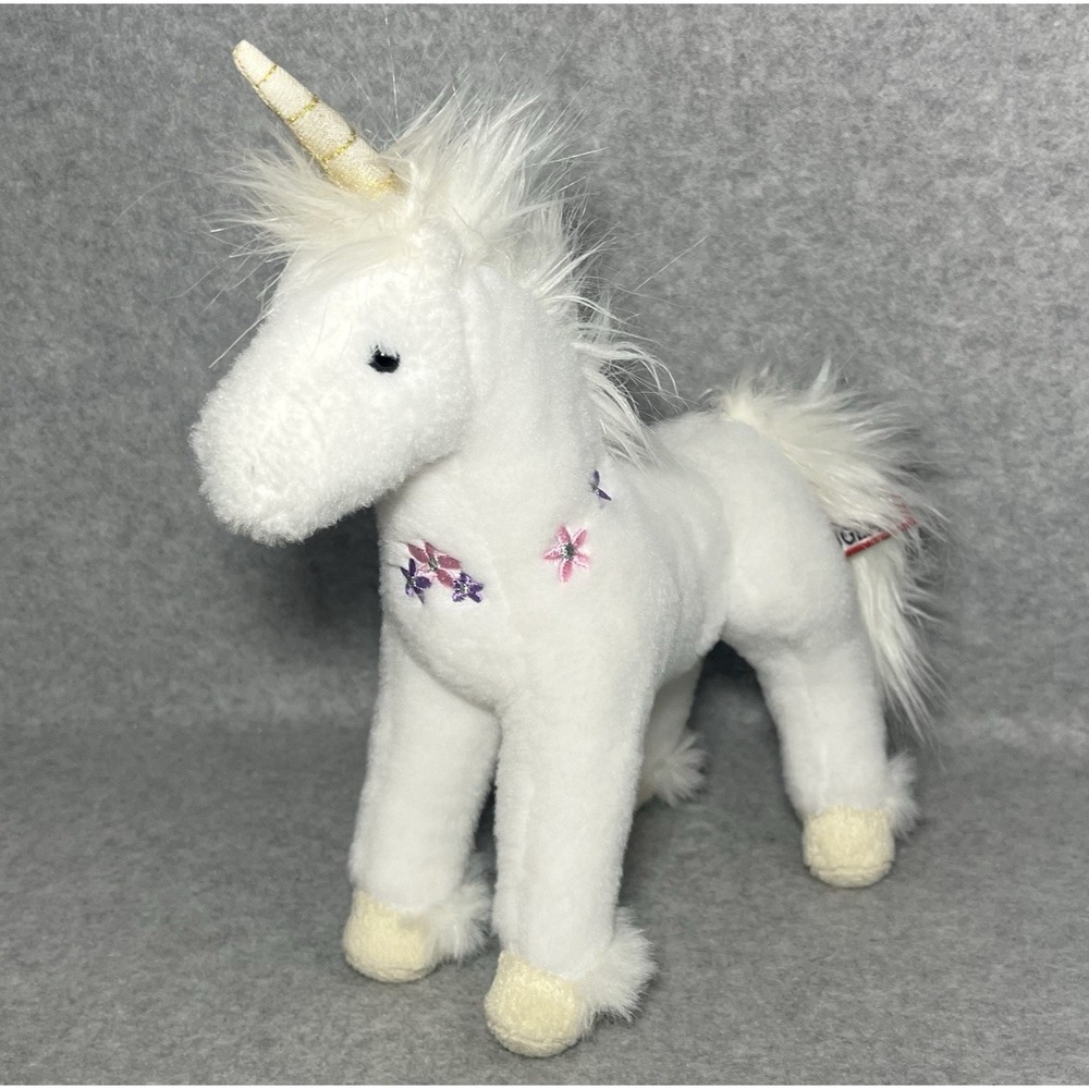 Douglas Cuddle Toys White Plush‎ 10" Unicorn Gold Horn Embroidered Flowers Clean